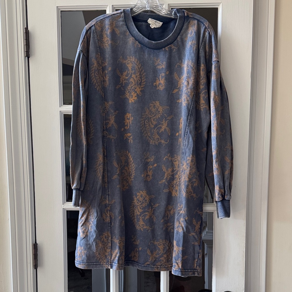 Umgee Blue Tunic Dress with Brown Paisley Print